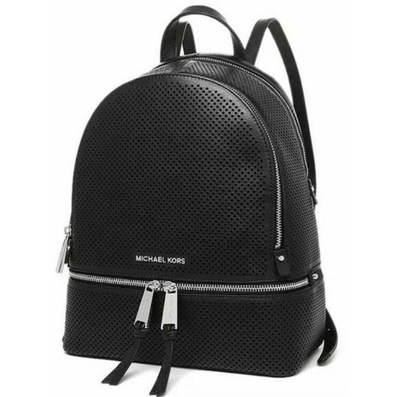 Michael Kors Rhea Zip Medium Leather Backpack Black/Silver Perforated - Picture 1 of 10